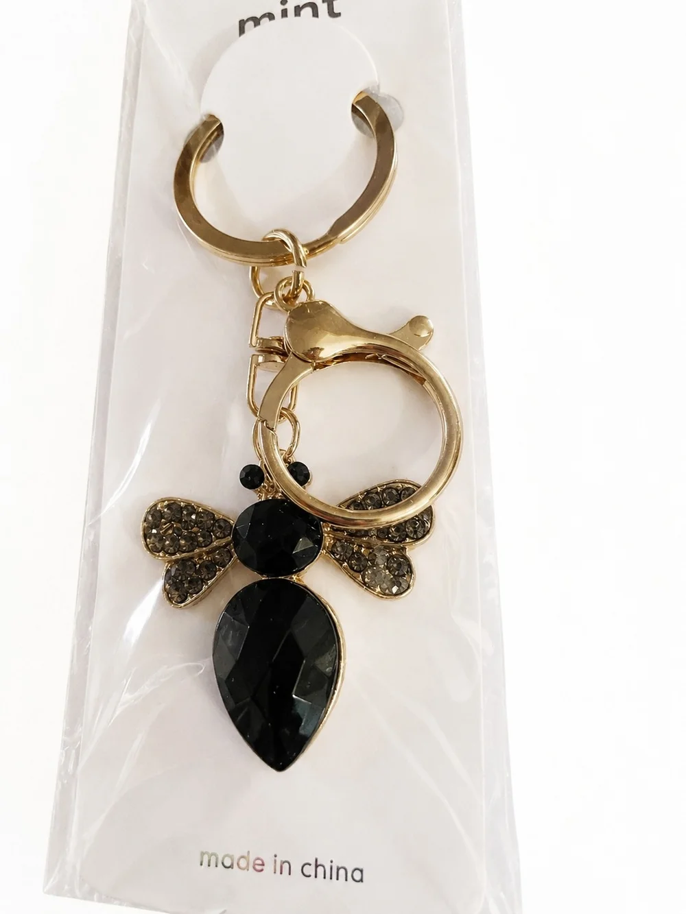 Mint Gold-Tone Keyring with Black Crystal Bee Charm